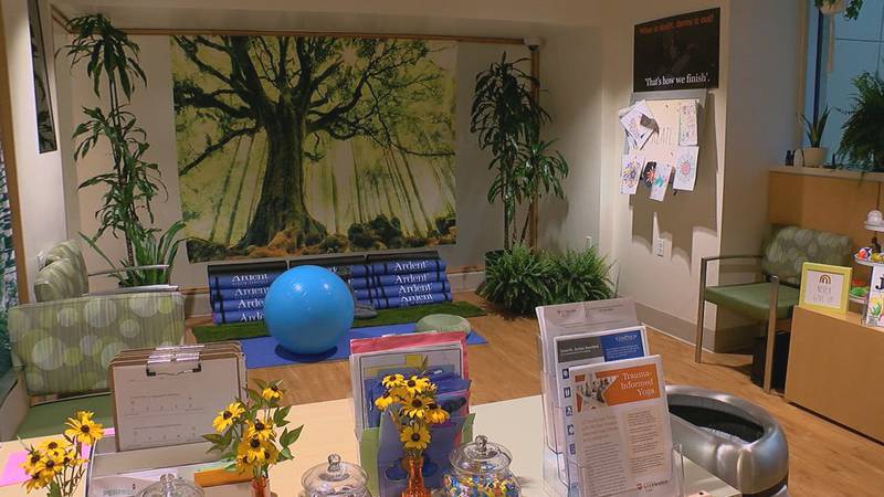 View of trauma-free yoga section of the Recharge Room.