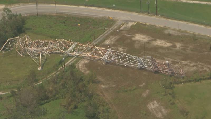 Drone footage shows a major Entergy tower that collapsed during Hurricane Ida.
