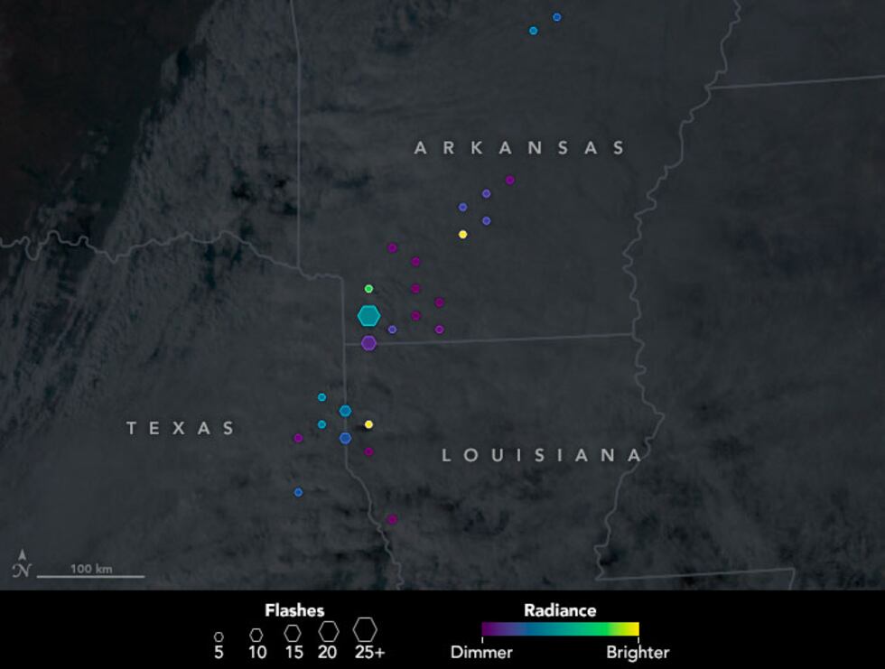 This map shows lightning flashes detected by the LIS on the International Space Station...