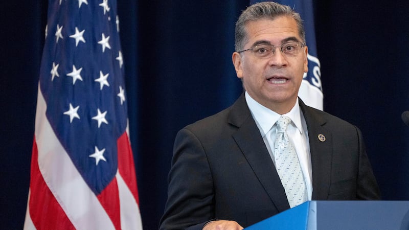 Health and Human Services Secretary Xavier Becerra speaks during an event announcing the...