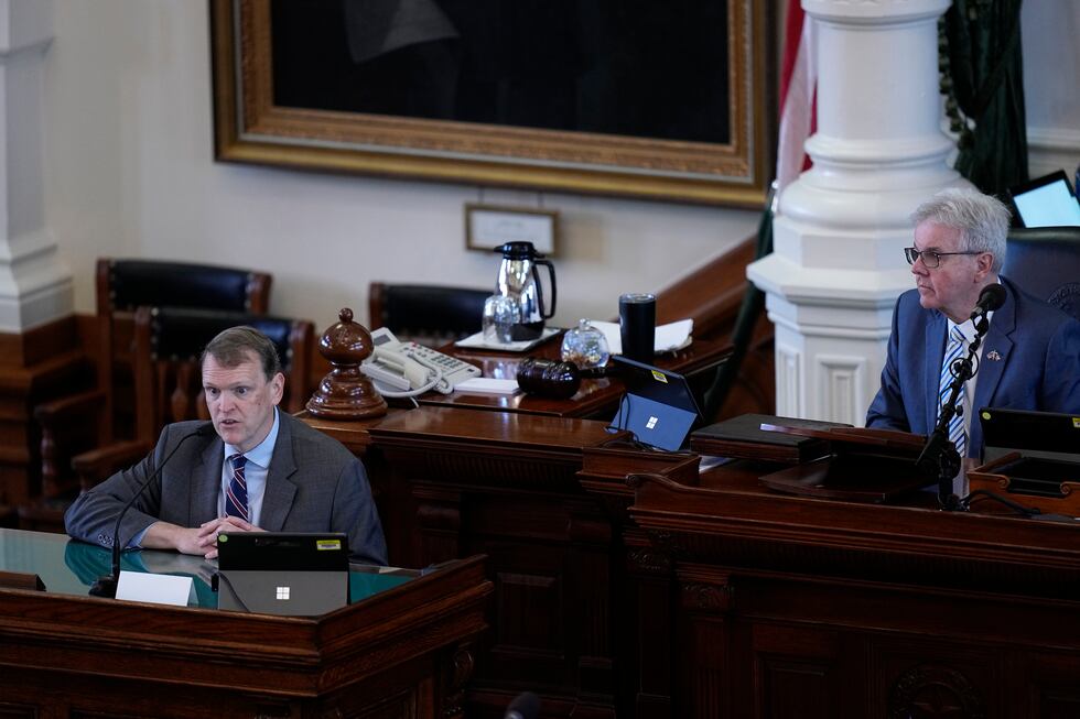 CORRECTS NAME TO MATEER NOT MATTERA Texas Lt. Gov. Dan Patrick, right, listens as witness Jeff...
