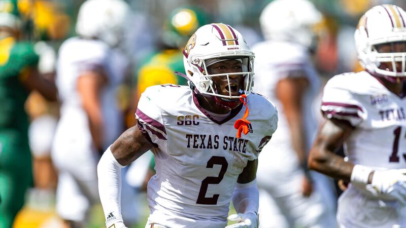 Texas State wide receiver Ashtyn Hawkins (2) is seen during an NCAA football game against...