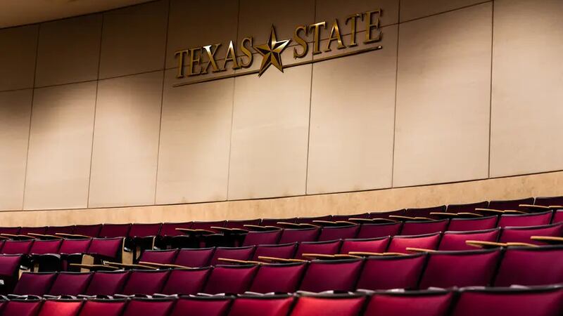 Empty seats in the Alkek Teaching theatre at Texas State University in San Marcos on Aug. 24,...
