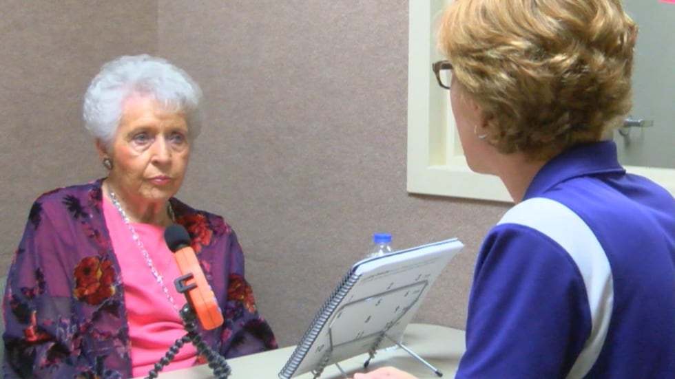 Lavelle Matlock, 81, practices intentional and deliberate speech with Deena Petersen.